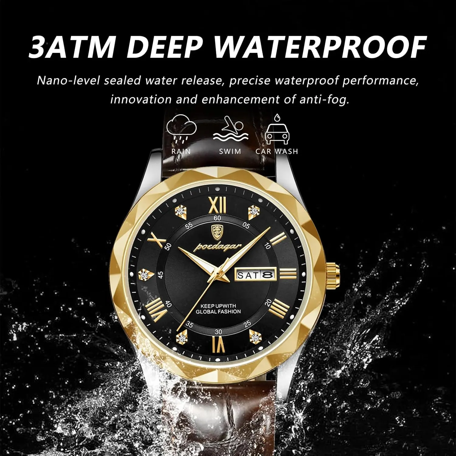 Gosasa Fashion Men's Business Casual Quartz Luminous Waterproof Date Wristwatch with Leather Strap