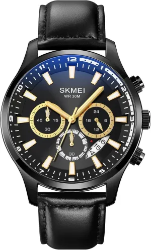Gosasa Fashion Men's Quartz Watches Business Chronograph Calendar Waterproof Date Genuine Leather Strap Wrist Watch Round Dress Watch for Men