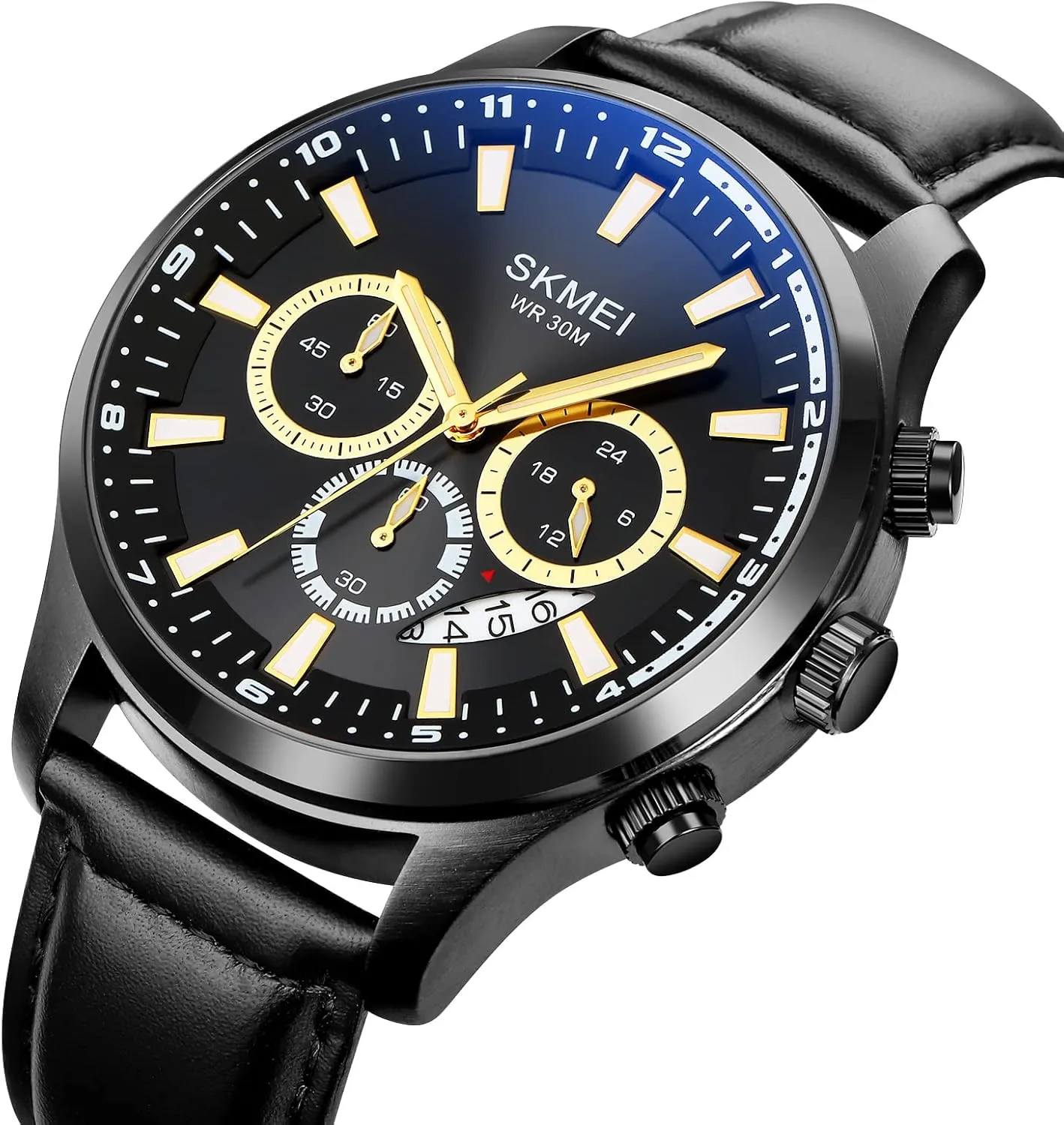 Gosasa Fashion Men's Quartz Watches Business Chronograph Calendar Waterproof Date Genuine Leather Strap Wrist Watch Round Dress Watch for Men