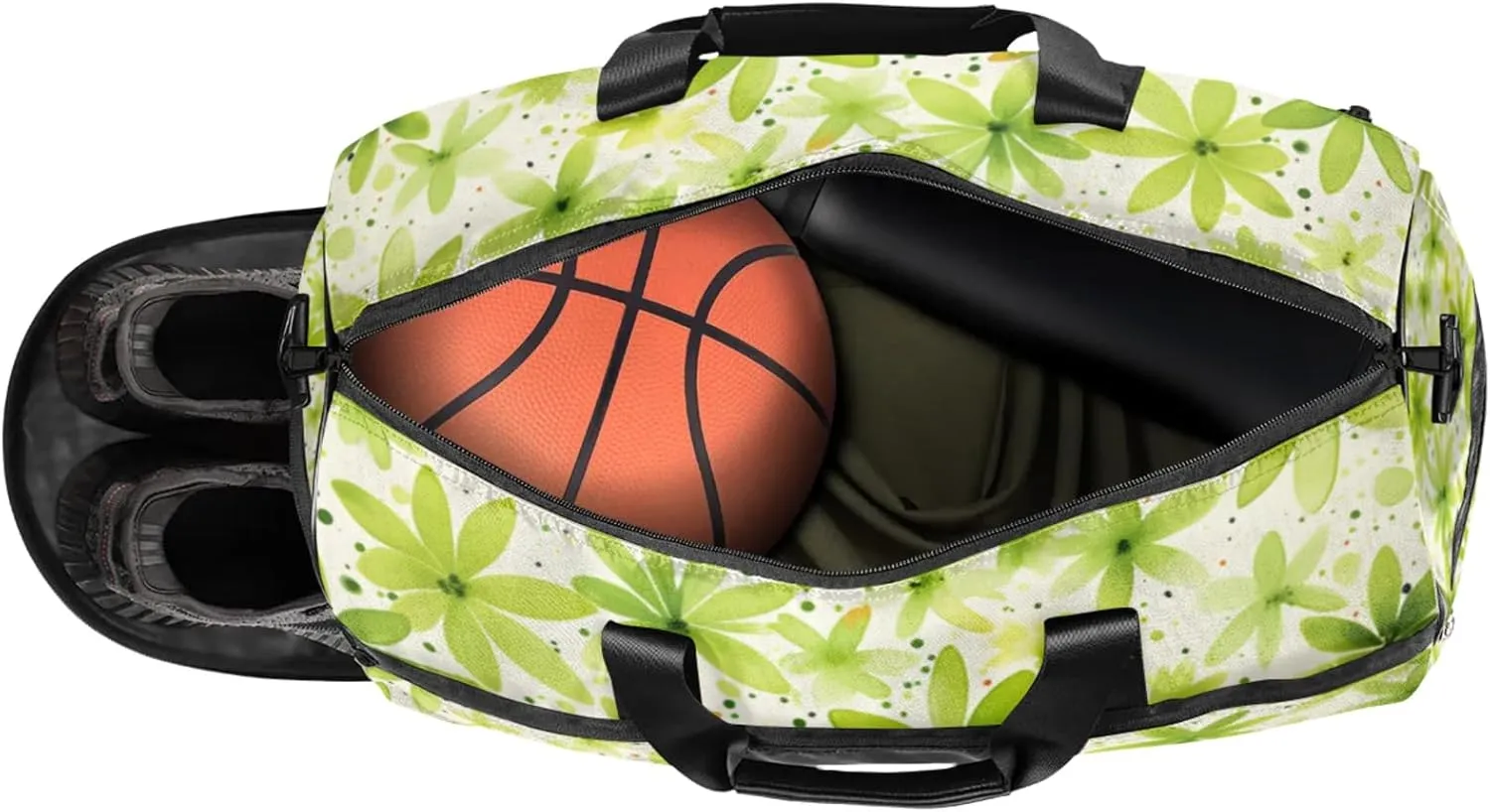 Green 43L Gym Duffle Bag for men with Shoe Compartment, Flower Overnight Weekender Bag for Women with Shoulder Strap, Ideal for Travel, Gym, Sports