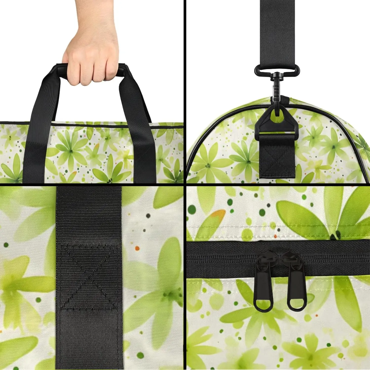 Green 43L Gym Duffle Bag for men with Shoe Compartment, Flower Overnight Weekender Bag for Women with Shoulder Strap, Ideal for Travel, Gym, Sports