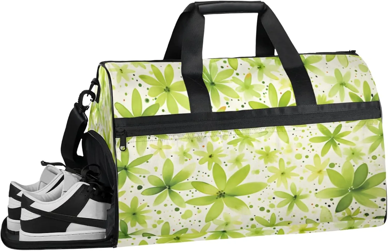 Green 43L Gym Duffle Bag for men with Shoe Compartment, Flower Overnight Weekender Bag for Women with Shoulder Strap, Ideal for Travel, Gym, Sports