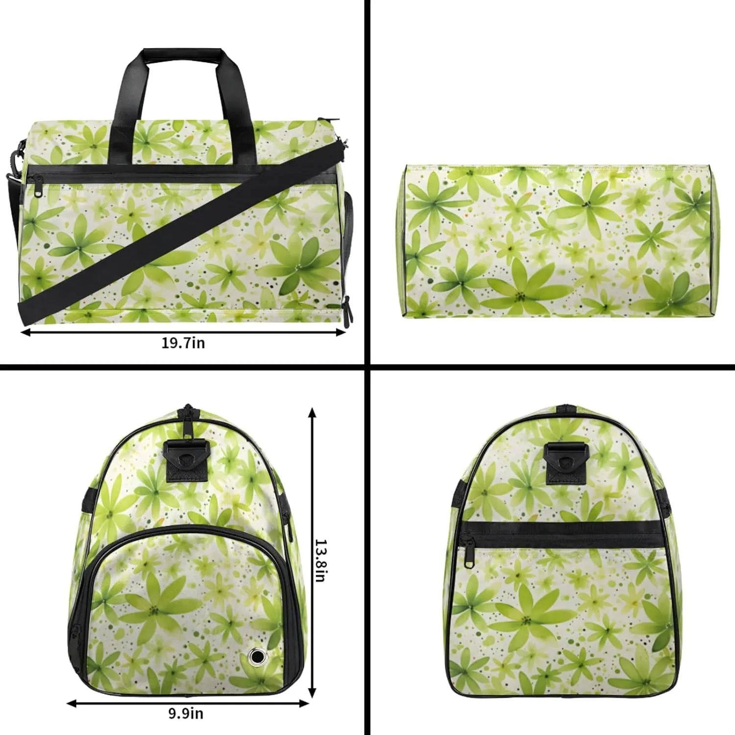 Green 43L Gym Duffle Bag for men with Shoe Compartment, Flower Overnight Weekender Bag for Women with Shoulder Strap, Ideal for Travel, Gym, Sports
