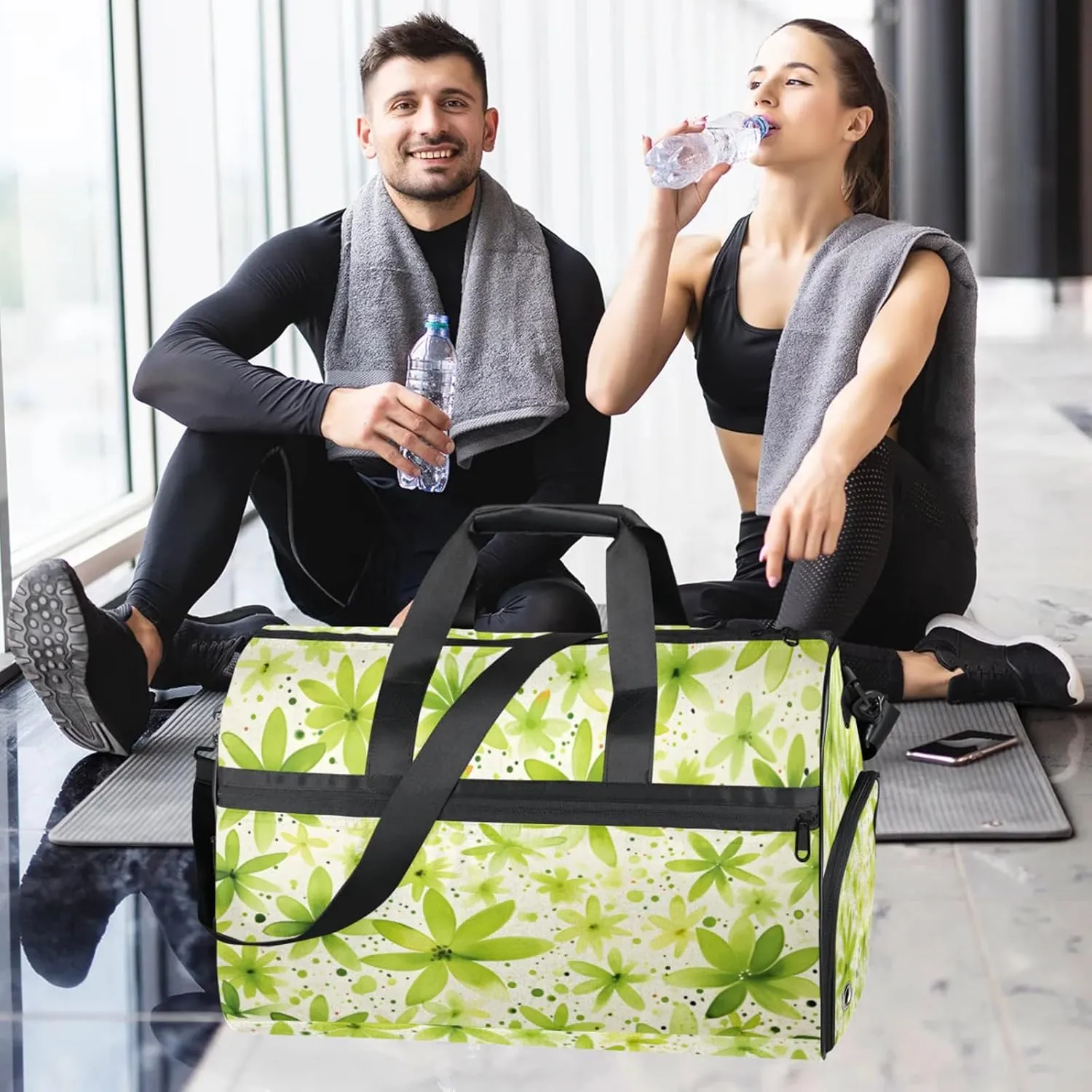 Green 43L Gym Duffle Bag for men with Shoe Compartment, Flower Overnight Weekender Bag for Women with Shoulder Strap, Ideal for Travel, Gym, Sports