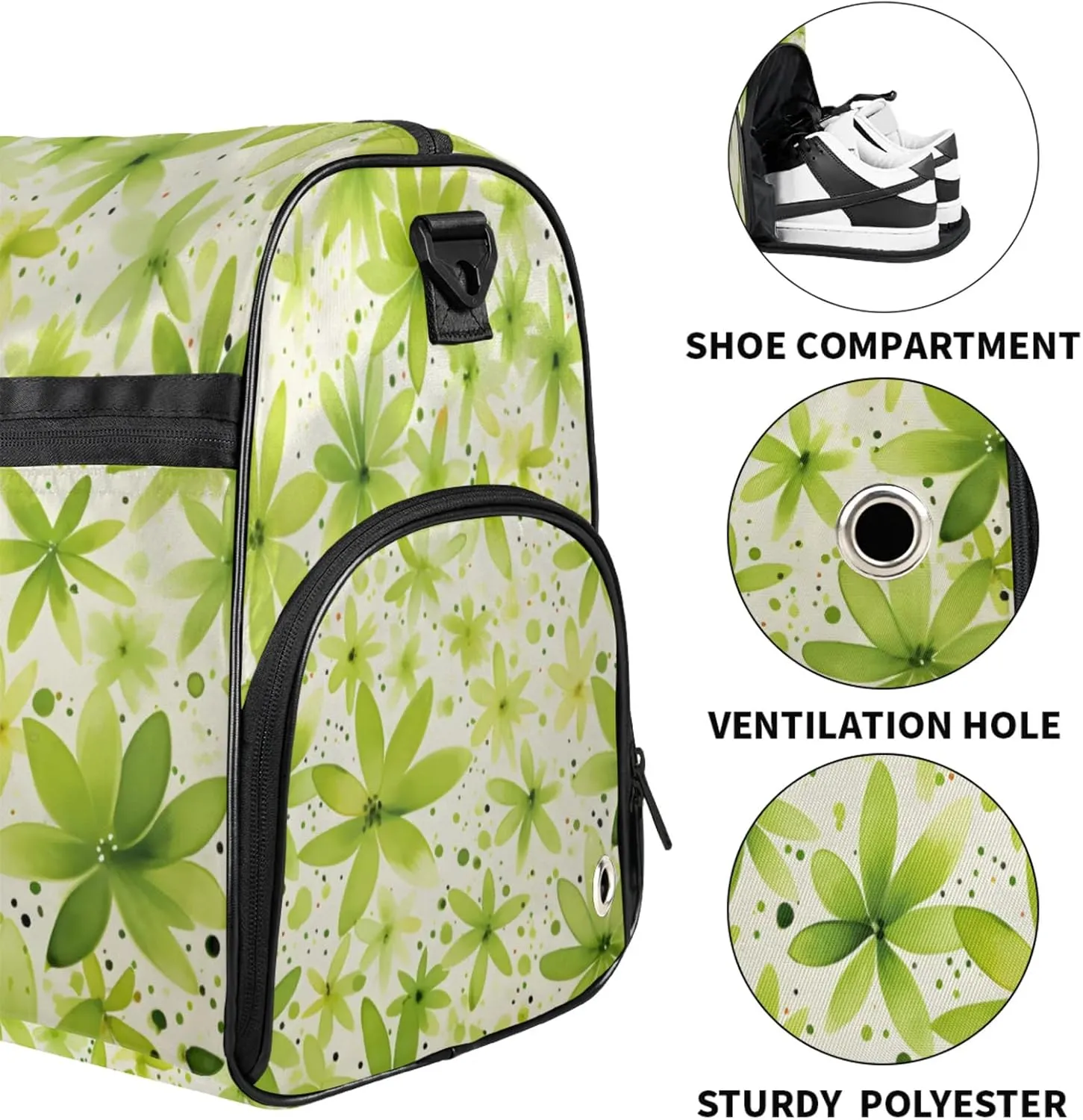 Green 43L Gym Duffle Bag for men with Shoe Compartment, Flower Overnight Weekender Bag for Women with Shoulder Strap, Ideal for Travel, Gym, Sports