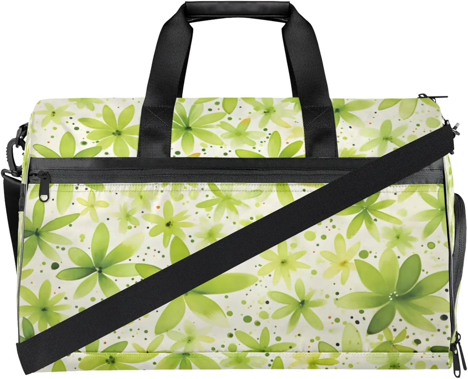 Green 43L Gym Duffle Bag for men with Shoe Compartment, Flower Overnight Weekender Bag for Women with Shoulder Strap, Ideal for Travel, Gym, Sports