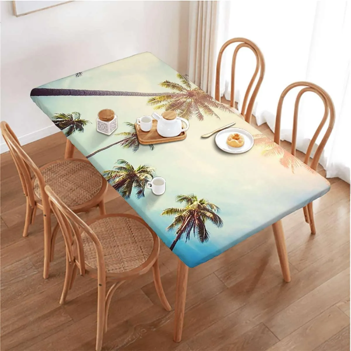Green Brown Rectangle Elastic Fitted Tablecloth Hawaiian Watercolor Style Tropical Dining Room Table- Machine Washable Table Cover Protector Exotic Fits up 4 Foot Tables