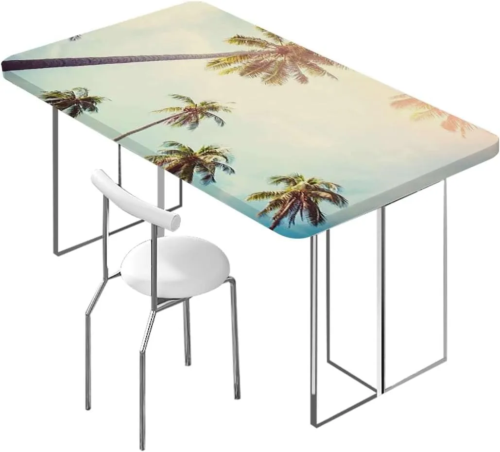 Green Brown Rectangle Elastic Fitted Tablecloth Hawaiian Watercolor Style Tropical Dining Room Table- Machine Washable Table Cover Protector Exotic Fits up 4 Foot Tables