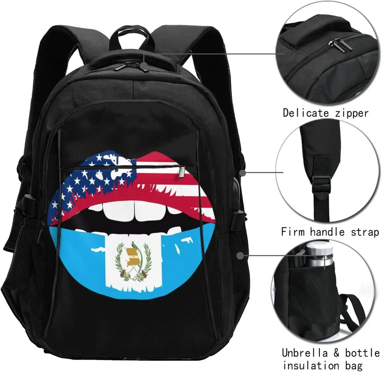 Guatemala Guatemalan Flag Lips Business Laptop Backpack Travel Backpacks Outdoor Rucksack Large Bag Daypack with USB Charging Port Multi-Pocket for Hiking Camping