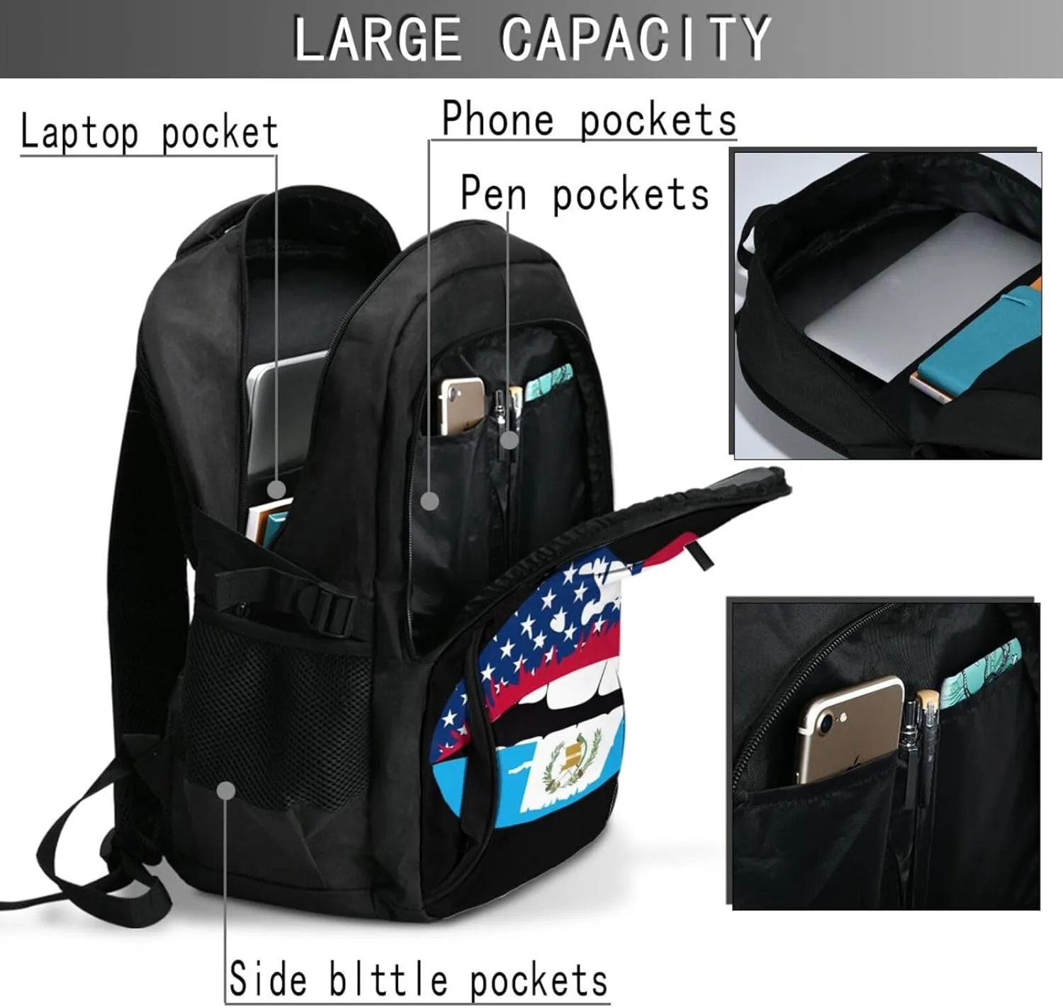 Guatemala Guatemalan Flag Lips Business Laptop Backpack Travel Backpacks Outdoor Rucksack Large Bag Daypack with USB Charging Port Multi-Pocket for Hiking Camping