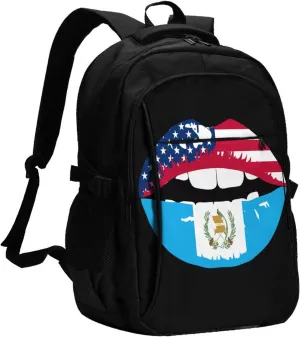 Guatemala Guatemalan Flag Lips Business Laptop Backpack Travel Backpacks Outdoor Rucksack Large Bag Daypack with USB Charging Port Multi-Pocket for Hiking Camping