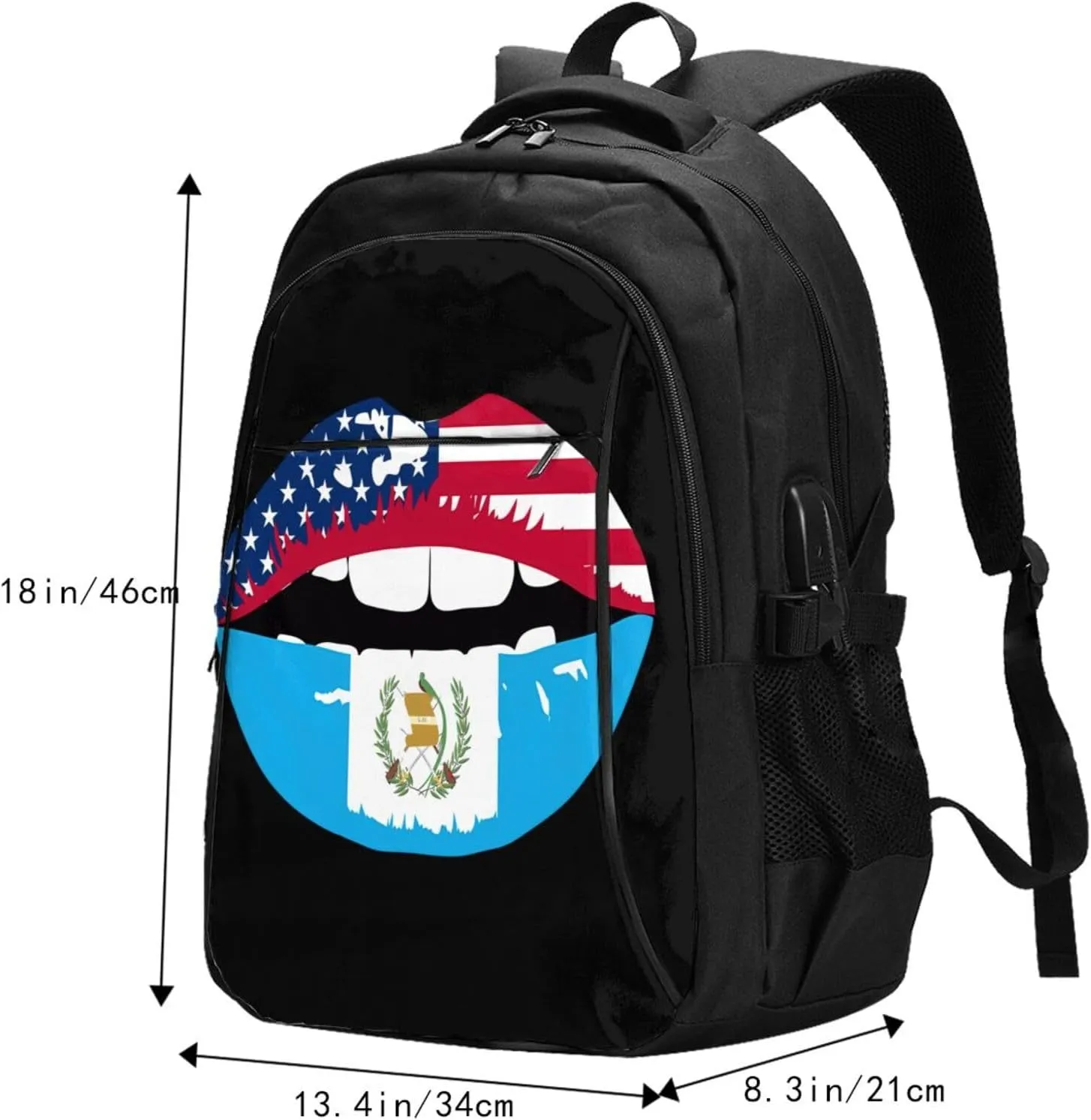 Guatemala Guatemalan Flag Lips Business Laptop Backpack Travel Backpacks Outdoor Rucksack Large Bag Daypack with USB Charging Port Multi-Pocket for Hiking Camping