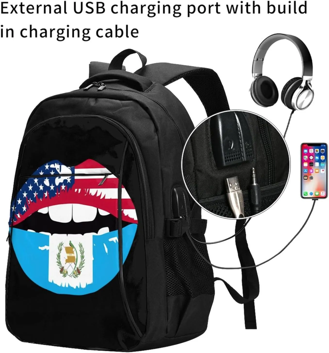 Guatemala Guatemalan Flag Lips Business Laptop Backpack Travel Backpacks Outdoor Rucksack Large Bag Daypack with USB Charging Port Multi-Pocket for Hiking Camping