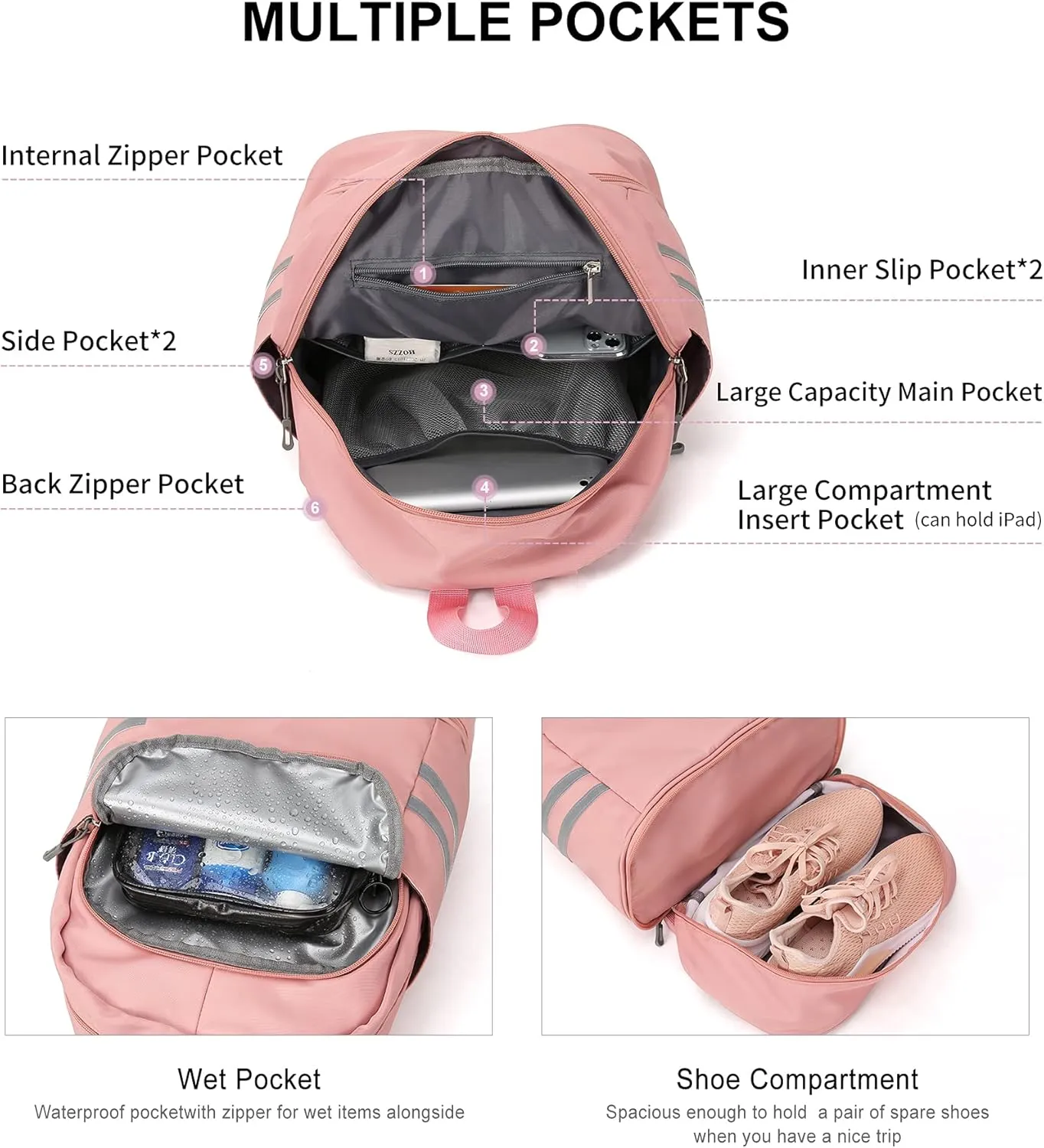 Gym Backpack for Women with Shoes Compartment & Wet Pocket, Large Travel Backpack Waterproof, Sports Backpack Gym Bag