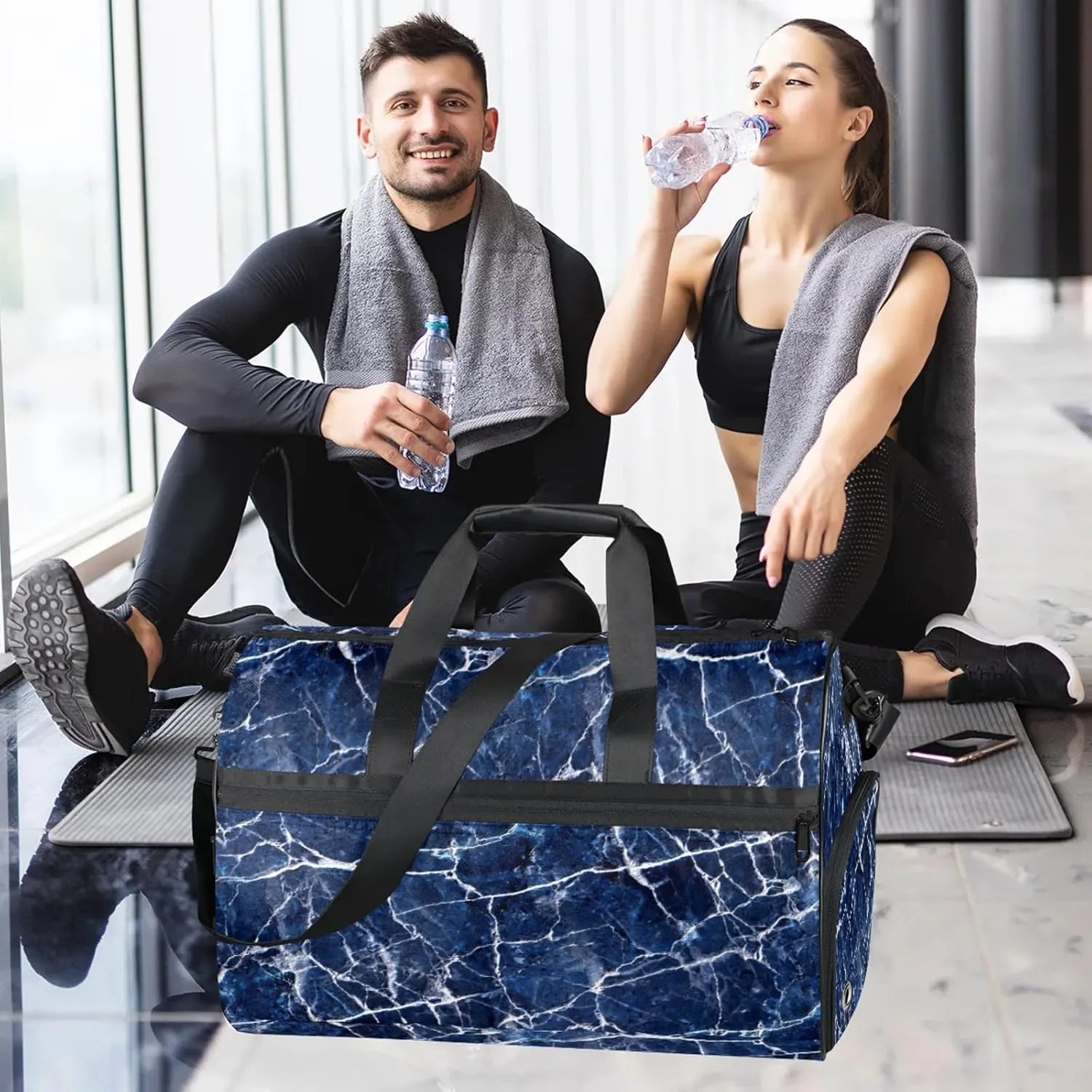 Gym Bag for Women Men Blue Abstract Marble Travel Duffle Bag with Shoe Compartment Waterproof Sports Tote Bags Large Overnight Weekender Bags for Travel Swimming Gym Yoga Dance