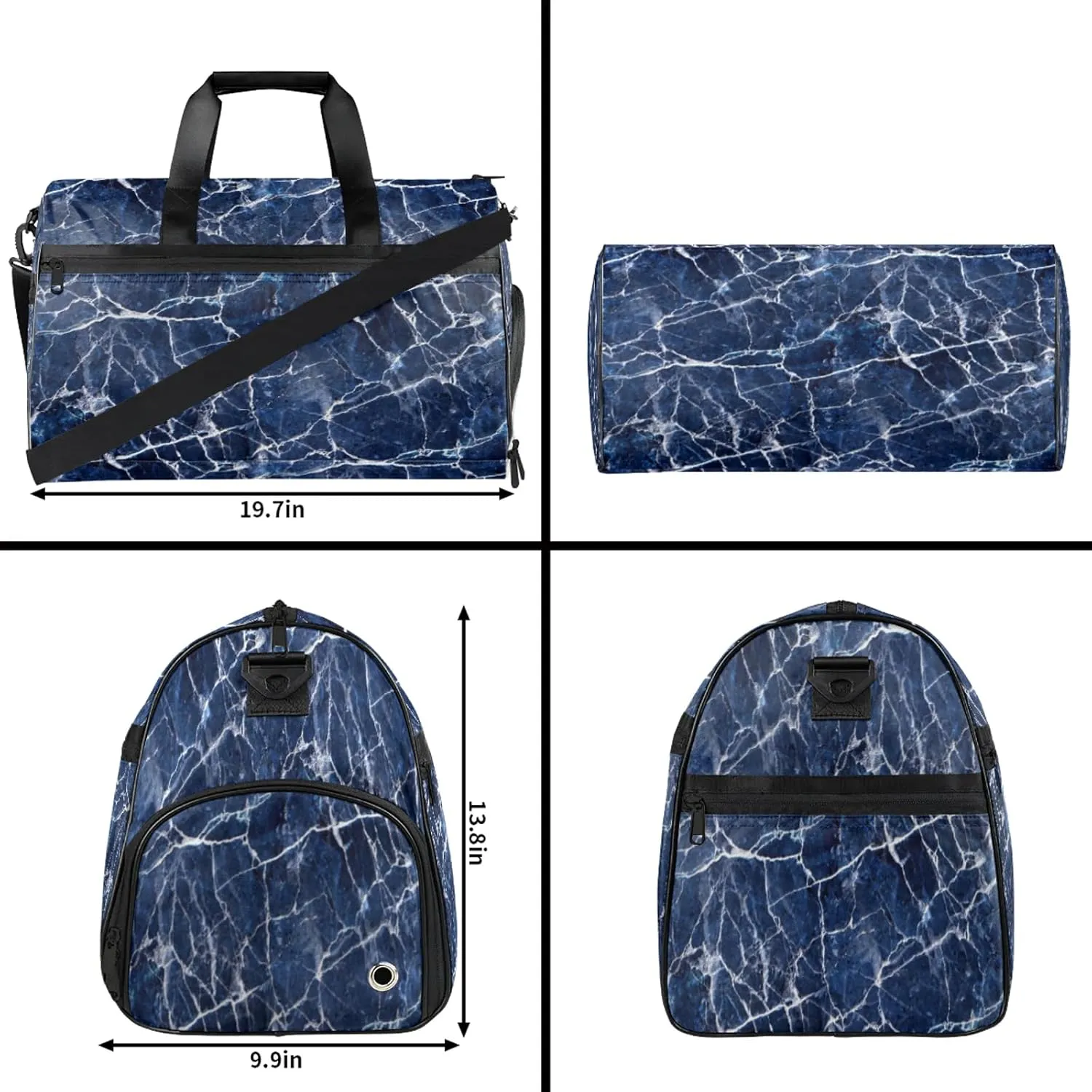 Gym Bag for Women Men Blue Abstract Marble Travel Duffle Bag with Shoe Compartment Waterproof Sports Tote Bags Large Overnight Weekender Bags for Travel Swimming Gym Yoga Dance