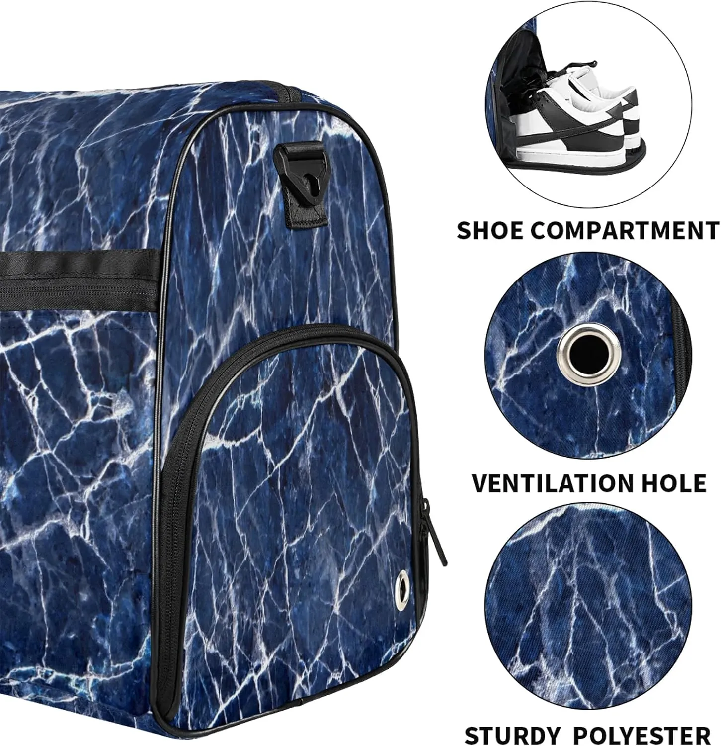 Gym Bag for Women Men Blue Abstract Marble Travel Duffle Bag with Shoe Compartment Waterproof Sports Tote Bags Large Overnight Weekender Bags for Travel Swimming Gym Yoga Dance