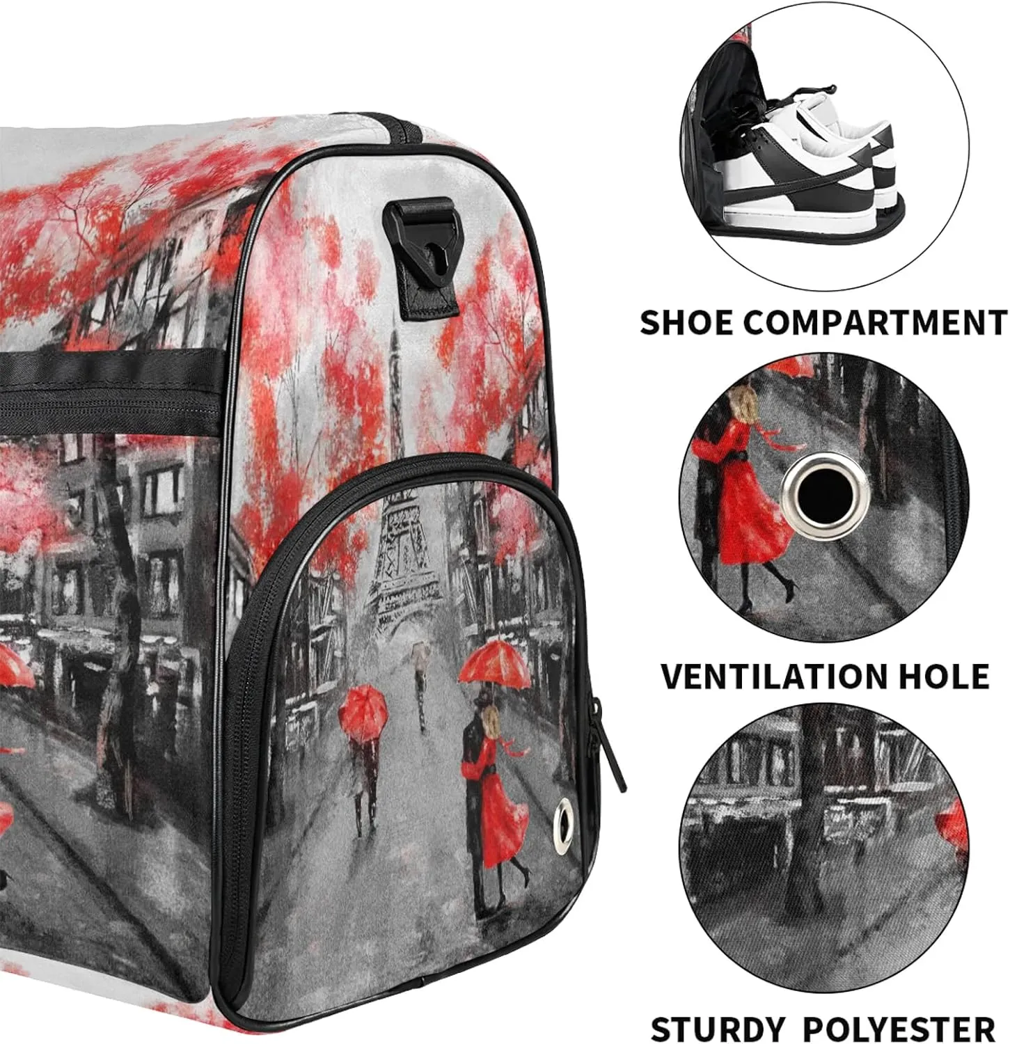 Gym Bag for Women Men Watercolor France Street Travel Duffle Bag with Shoe Compartment Waterproof Sports Tote Bags Large Overnight Weekender Bags for Travel Swimming Gym Yoga Dance