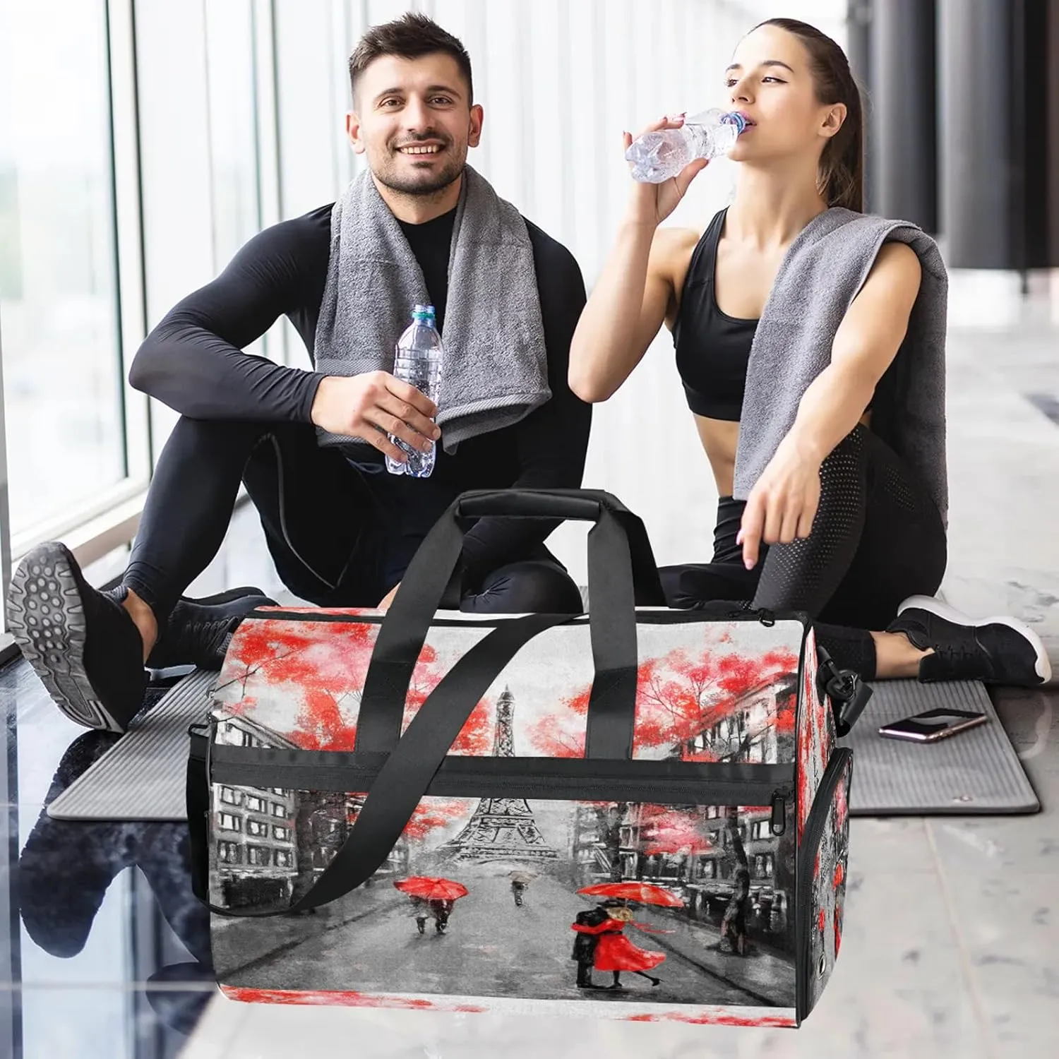 Gym Bag for Women Men Watercolor France Street Travel Duffle Bag with Shoe Compartment Waterproof Sports Tote Bags Large Overnight Weekender Bags for Travel Swimming Gym Yoga Dance