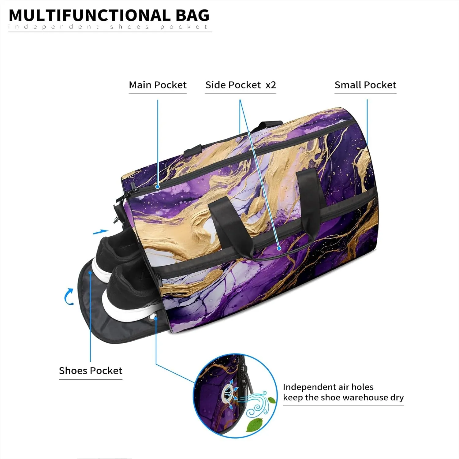 Gym Bag for Women Men, Yoga Bag with Shoe Pocket, Travel Duffel Tote Bag for Plane, Workout, Swimming, Weekend Overnight Bag Carry on Bag Hospital Holdalls, Marble Purple - 2