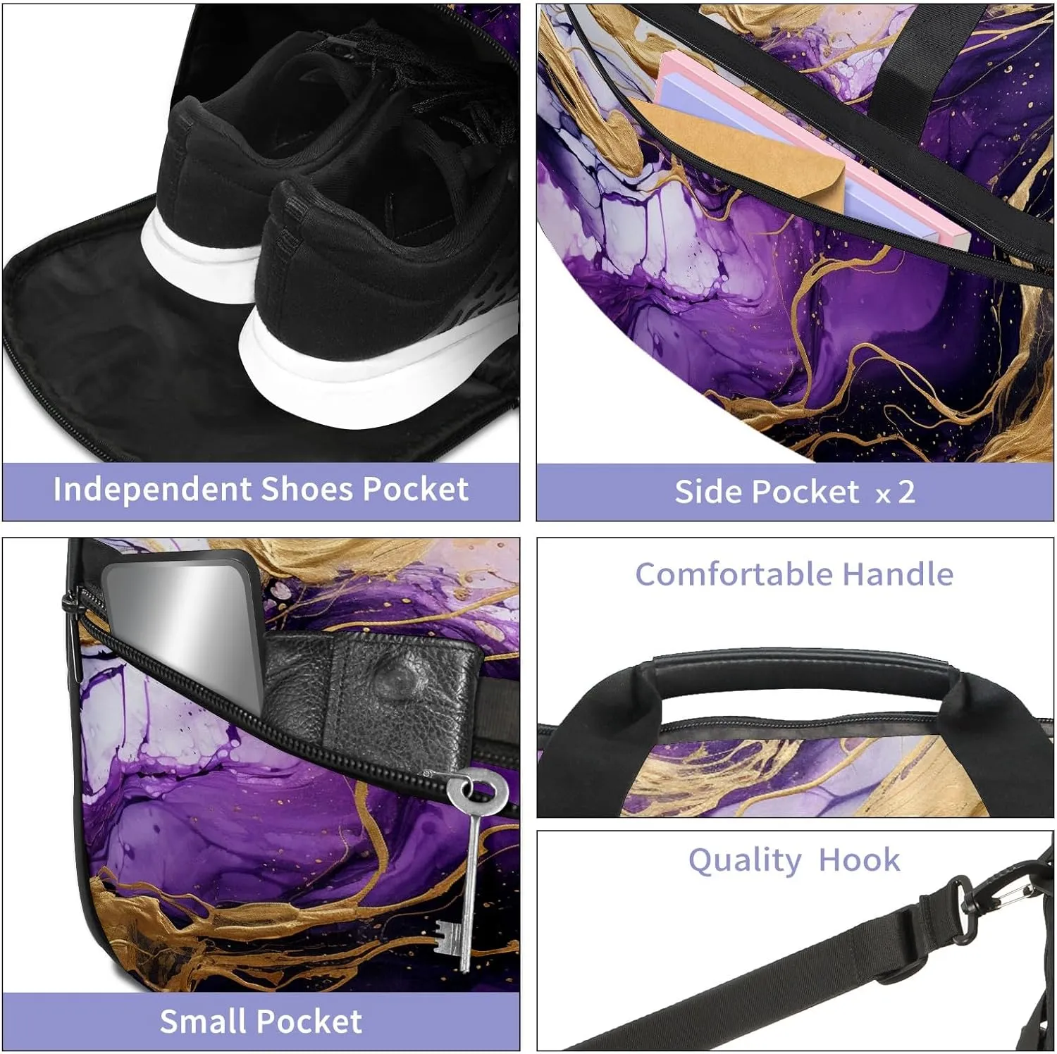Gym Bag for Women Men, Yoga Bag with Shoe Pocket, Travel Duffel Tote Bag for Plane, Workout, Swimming, Weekend Overnight Bag Carry on Bag Hospital Holdalls, Marble Purple - 2