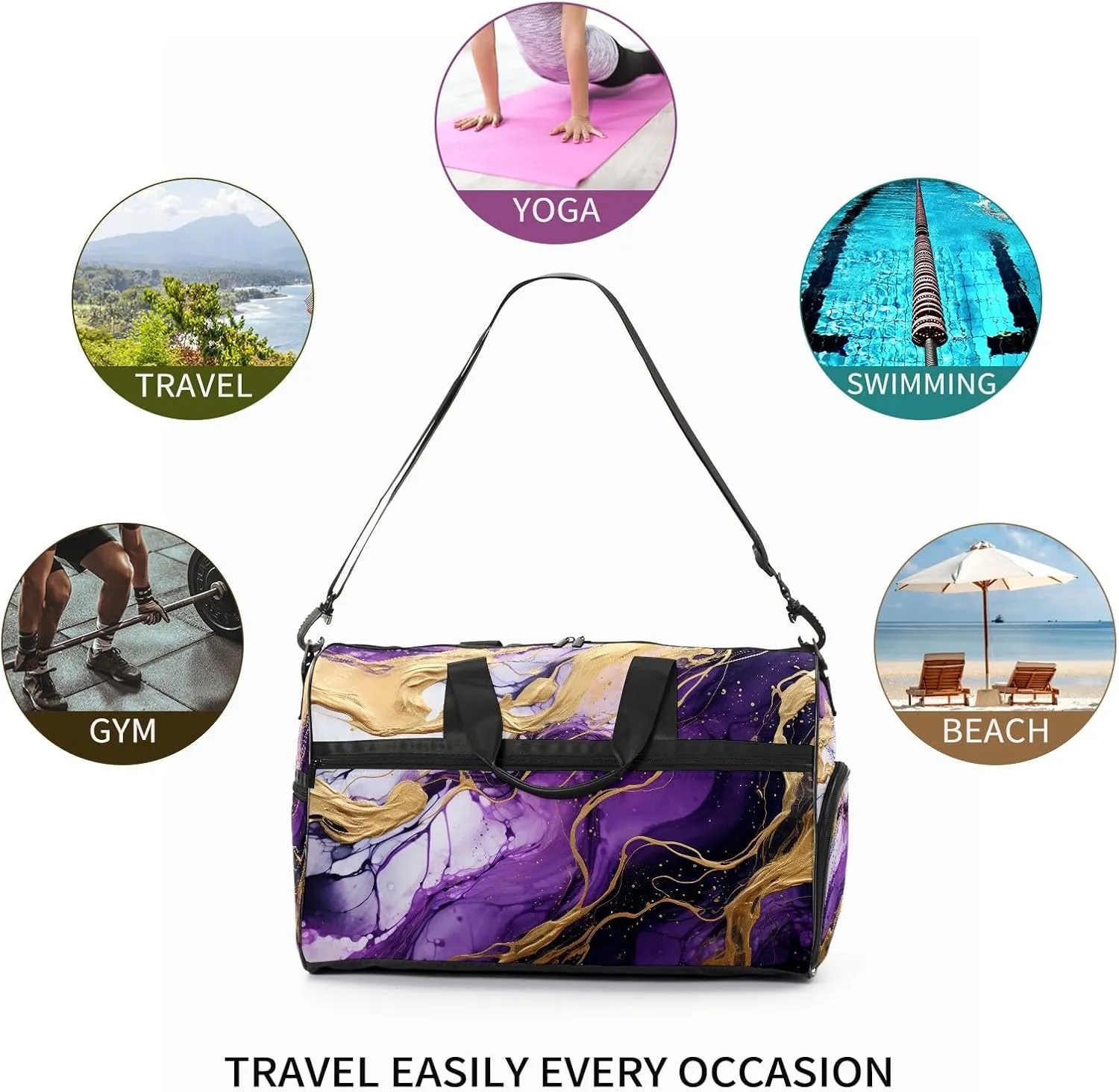 Gym Bag for Women Men, Yoga Bag with Shoe Pocket, Travel Duffel Tote Bag for Plane, Workout, Swimming, Weekend Overnight Bag Carry on Bag Hospital Holdalls, Marble Purple - 2