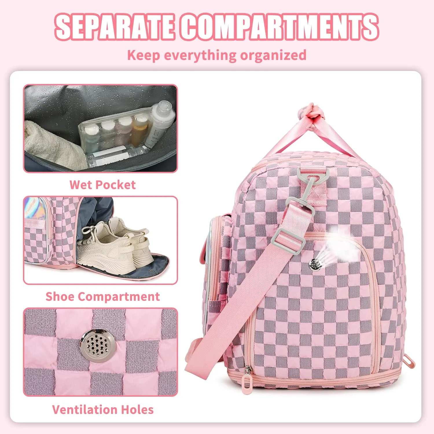 Gym Bag for Women, Travel Bag with Shoes Compartment, Weekender Overnight Duffel Bag with Wet Pocket, Carry On Bag, Pink