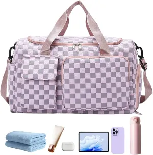 Gym Bag - Large Capacity Duffel Pack | Waterproof Plaid Travel Bag with Shoe Compartment for Camping Swimming Beach Swim Pool Sports Gym