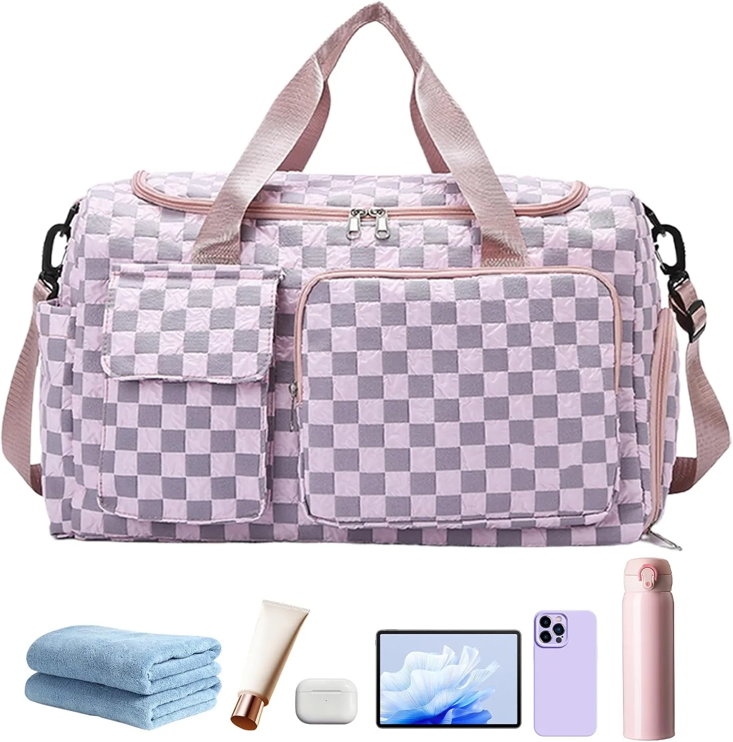 Gym Bag - Large Capacity Duffel Pack | Waterproof Plaid Travel Bag with Shoe Compartment for Camping Swimming Beach Swim Pool Sports Gym