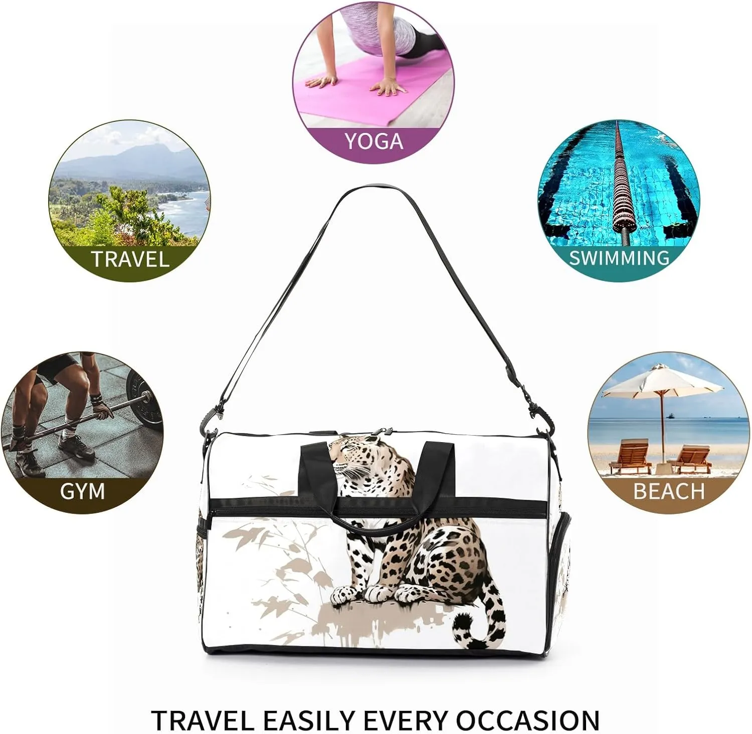 Gym Bag Women's Sports Yoga Bag - Fits up to 13.3" Laptop   Shoe Compartment, Overnight Weekender Bag Travel Bag, Dance Bag, Chinese Painting Cheetah - 2
