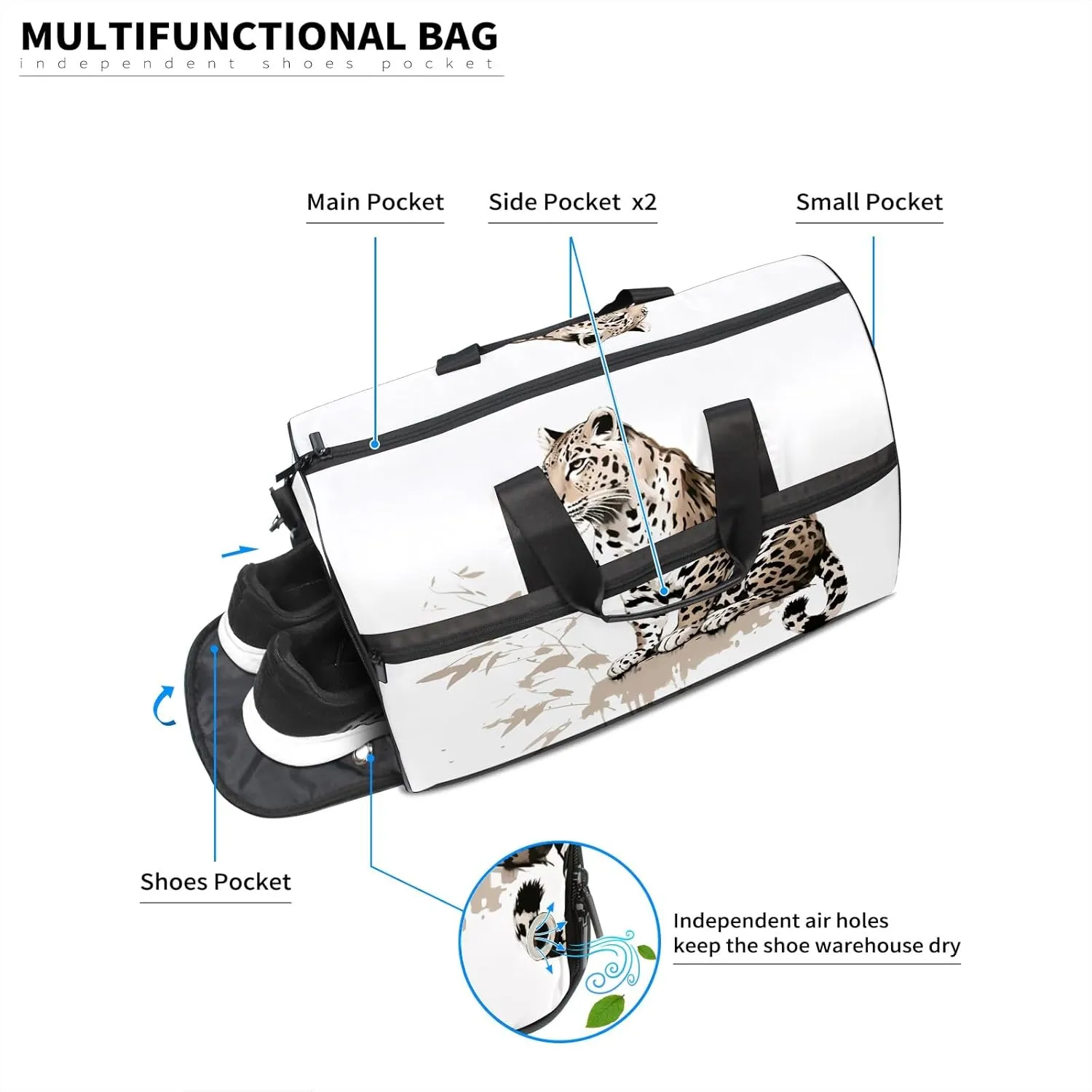 Gym Bag Women's Sports Yoga Bag - Fits up to 13.3" Laptop   Shoe Compartment, Overnight Weekender Bag Travel Bag, Dance Bag, Chinese Painting Cheetah - 2