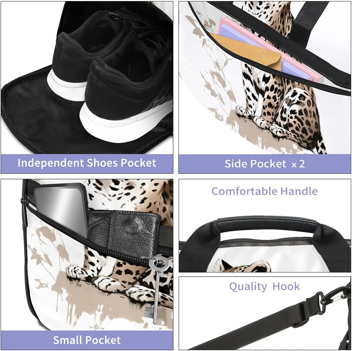 Gym Bag Women's Sports Yoga Bag - Fits up to 13.3" Laptop   Shoe Compartment, Overnight Weekender Bag Travel Bag, Dance Bag, Chinese Painting Cheetah - 2