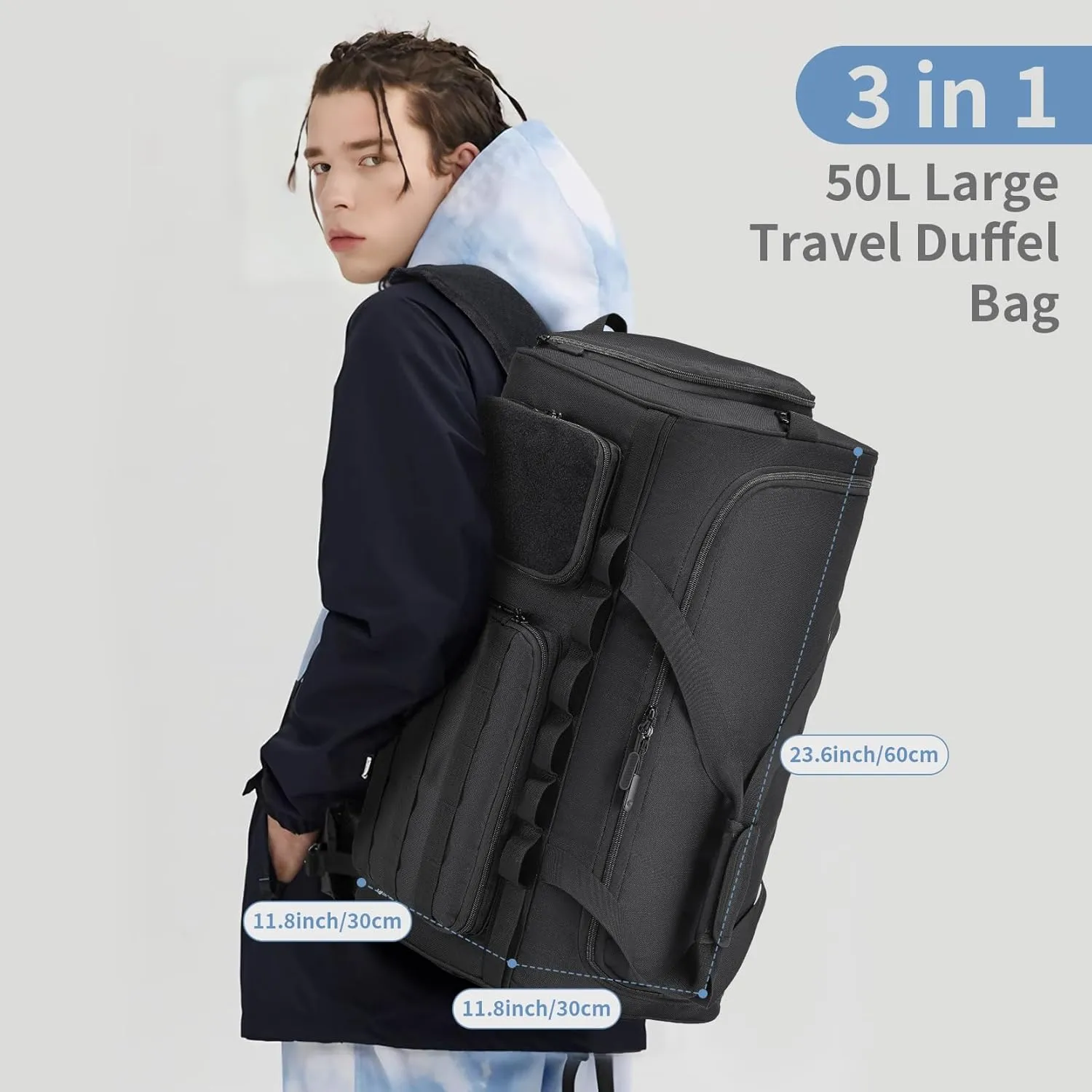 Gym Bags for Men Women,55L Tactical Duffle Bag Backpack with Shoe Compartment for Travel,3 in 1 Carry on Travel Bag with Wet Pocket,Weekender Overnight Range Bag for Workout,Black