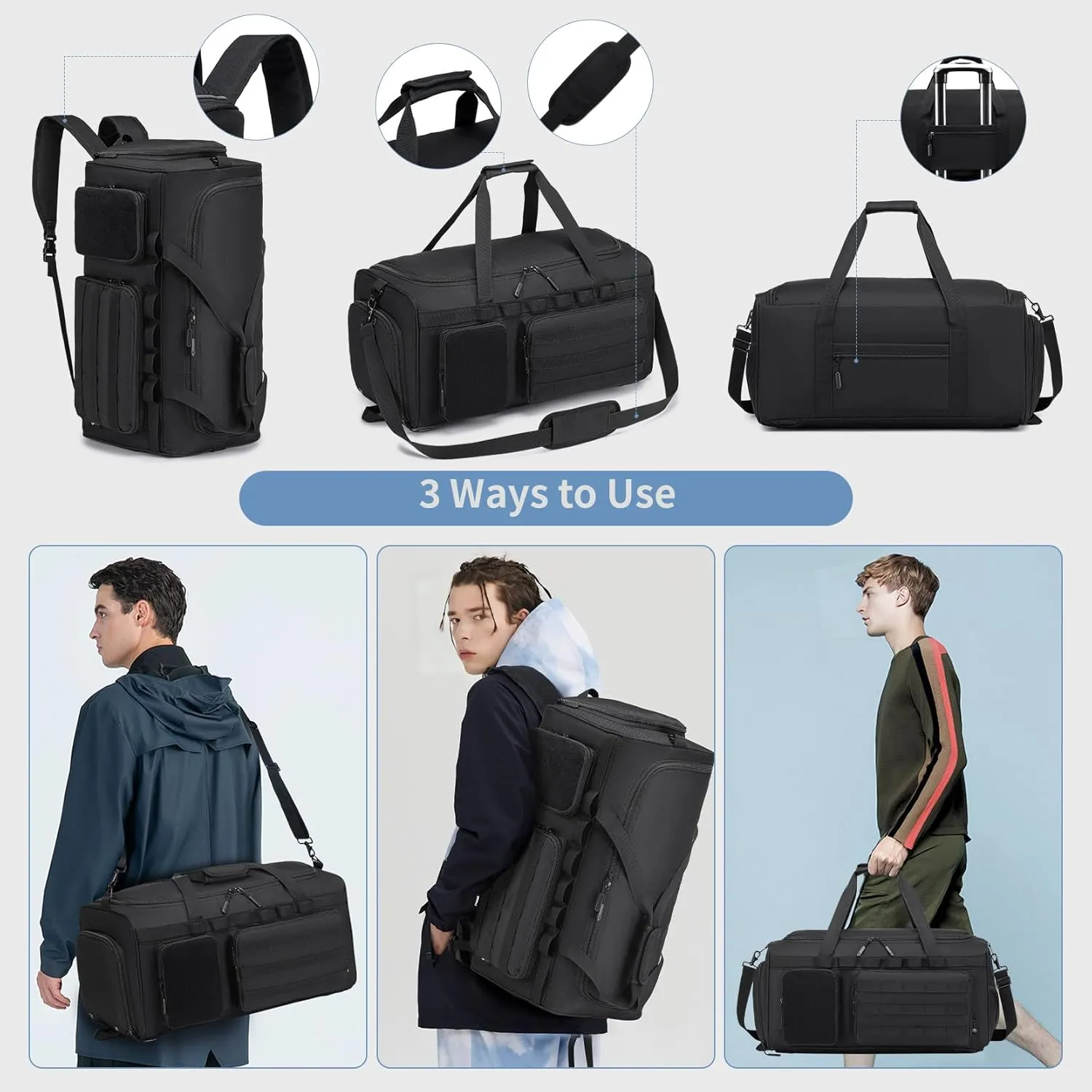 Gym Bags for Men Women,55L Tactical Duffle Bag Backpack with Shoe Compartment for Travel,3 in 1 Carry on Travel Bag with Wet Pocket,Weekender Overnight Range Bag for Workout,Black