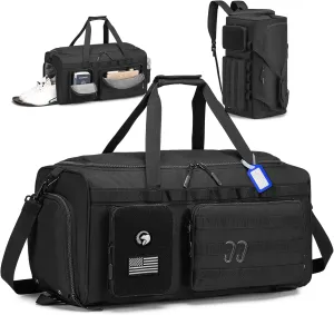 Gym Bags for Men Women,55L Tactical Duffle Bag Backpack with Shoe Compartment for Travel,3 in 1 Carry on Travel Bag with Wet Pocket,Weekender Overnight Range Bag for Workout,Black