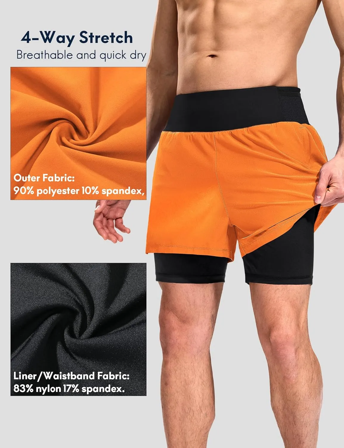 Haimont Men's 2 in 1 Running Shorts with Zipper Pockets Quick Dry Athletic Gym Workout Shorts with Liner