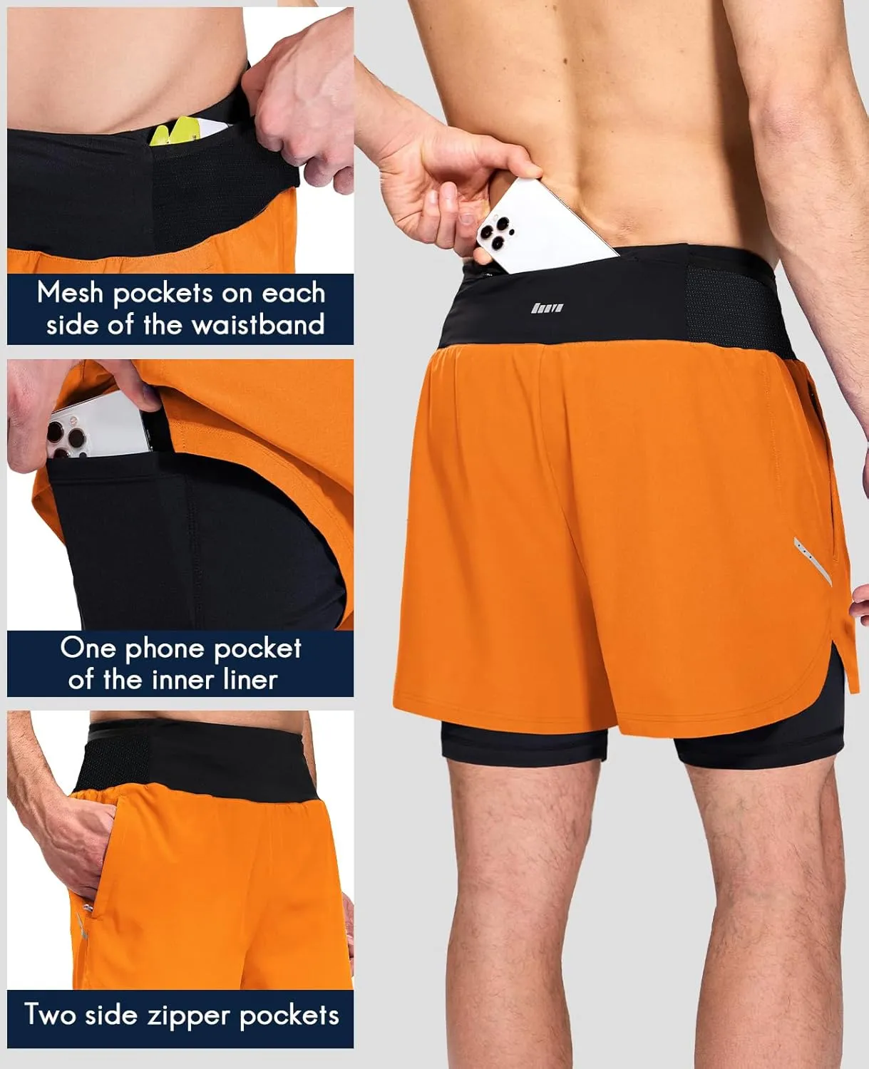 Haimont Men's 2 in 1 Running Shorts with Zipper Pockets Quick Dry Athletic Gym Workout Shorts with Liner