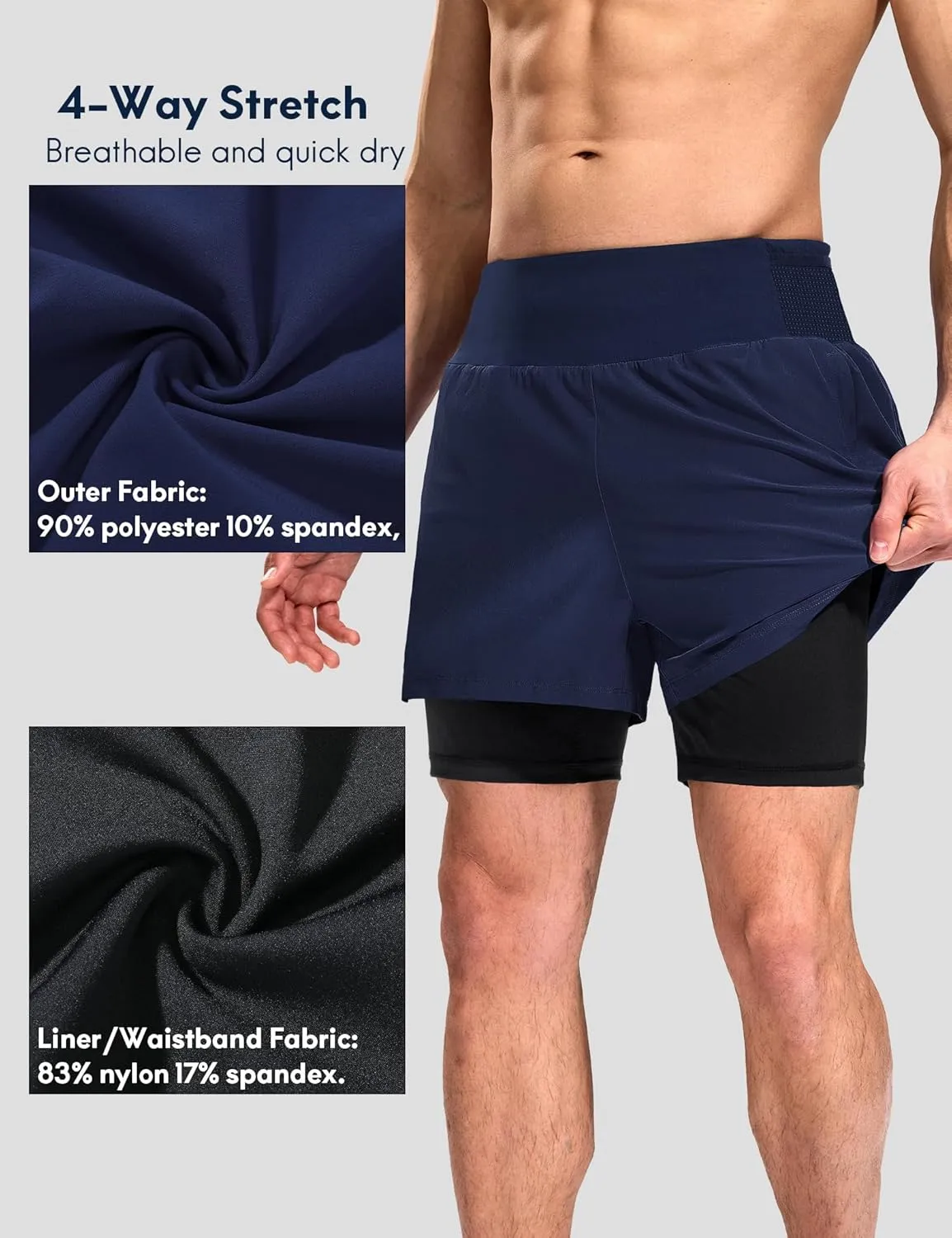 Haimont Men's 2 in 1 Running Shorts with Zipper Pockets Quick Dry Athletic Gym Workout Shorts with Liner