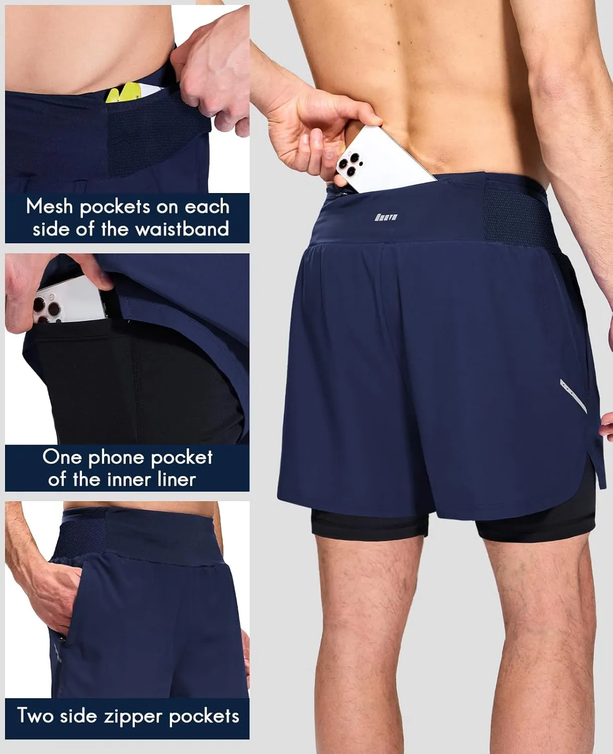 Haimont Men's 2 in 1 Running Shorts with Zipper Pockets Quick Dry Athletic Gym Workout Shorts with Liner