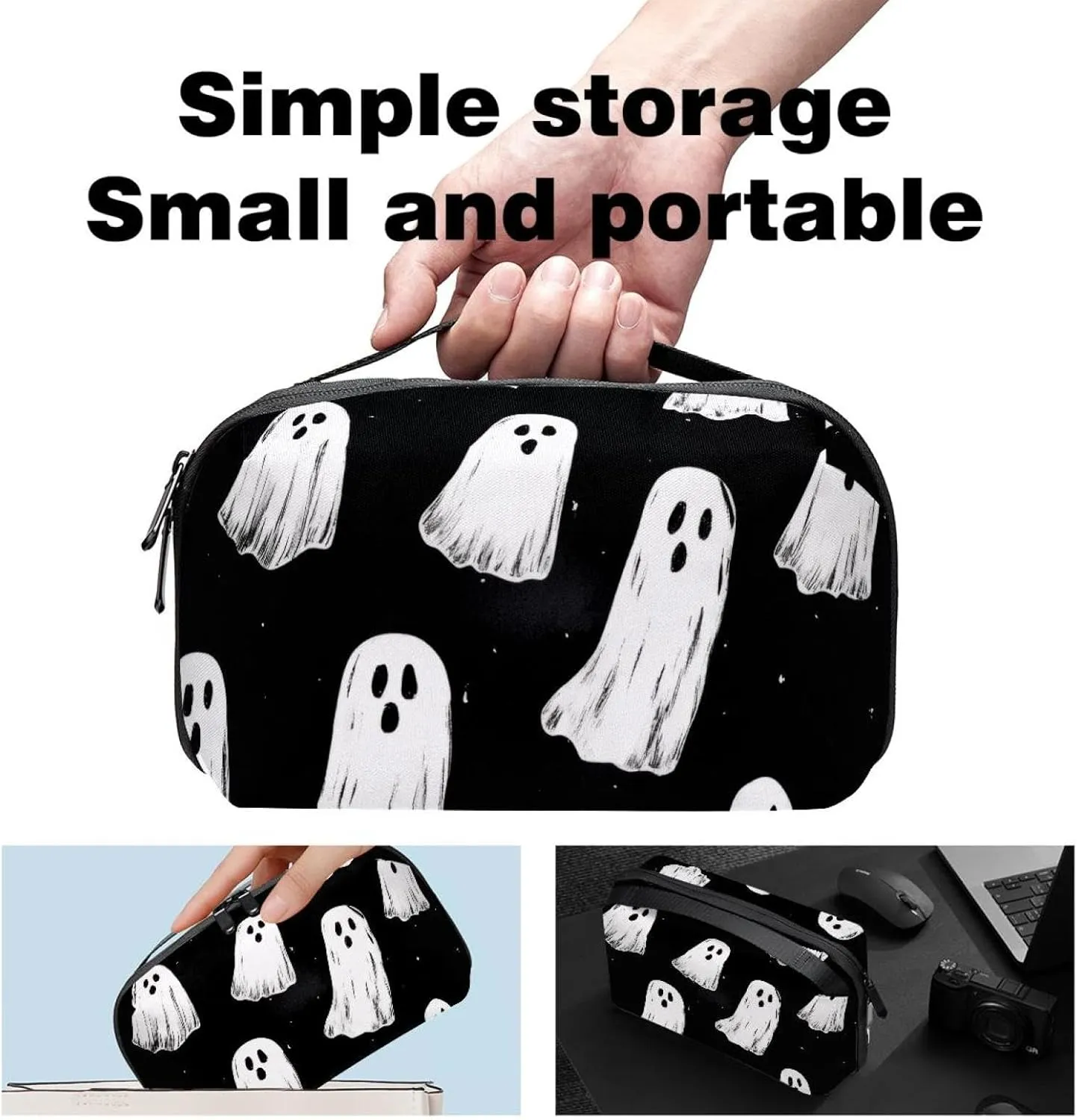 Halloween Ghosts Background Spooky Pattern Electronics Organizer, Cord Cable Storage Bag Waterproof for Home Travelling, Electronic Accessories Case for Charge Mouse USB SD Card Hard Drives