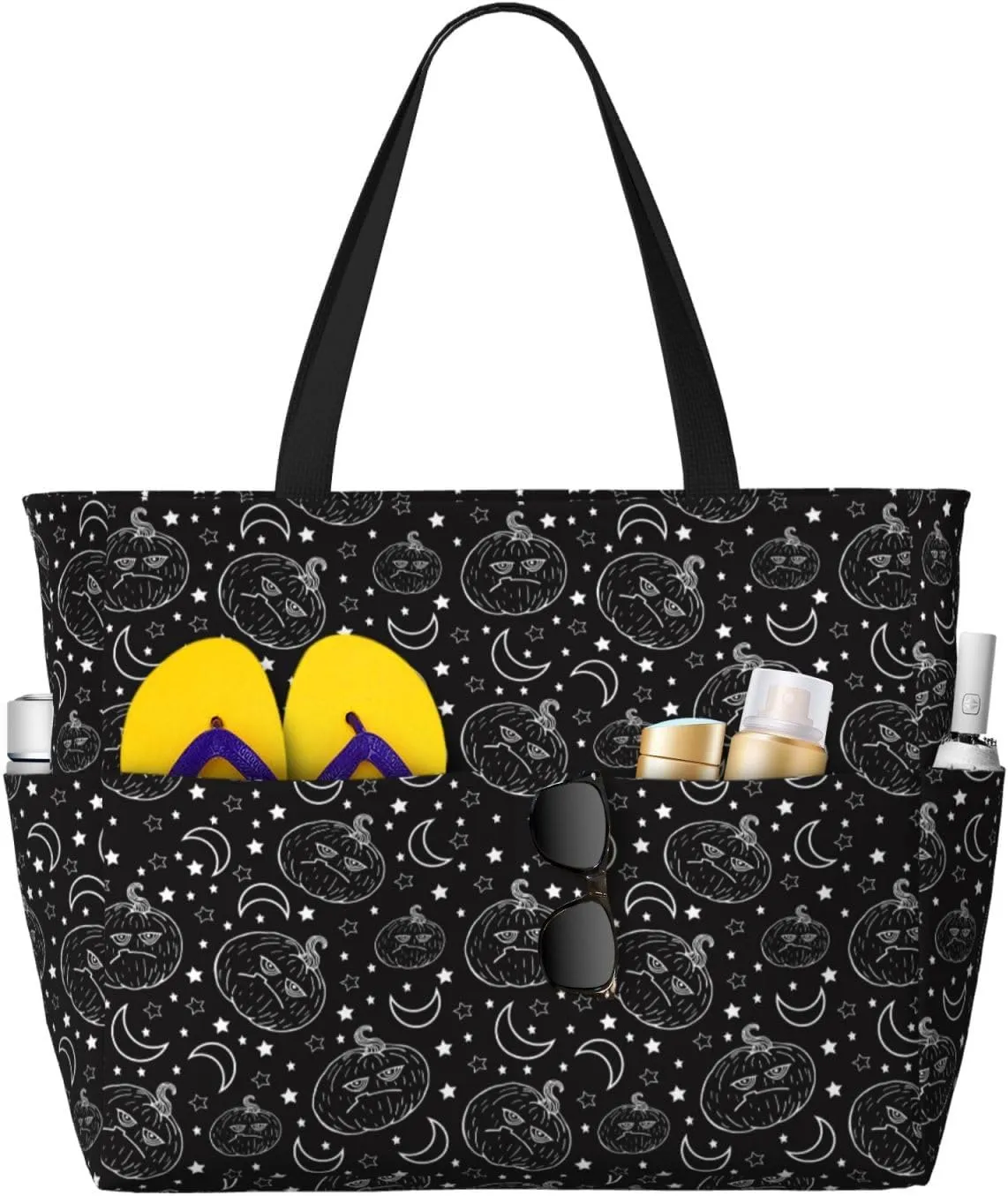 Halloween Moody Pumpkin Large Beach Tote Bag for Women Extra Large Capacity Waterproof Sandproof Pool Bag Suitable for Gym Swimming Pool Travel Groceries