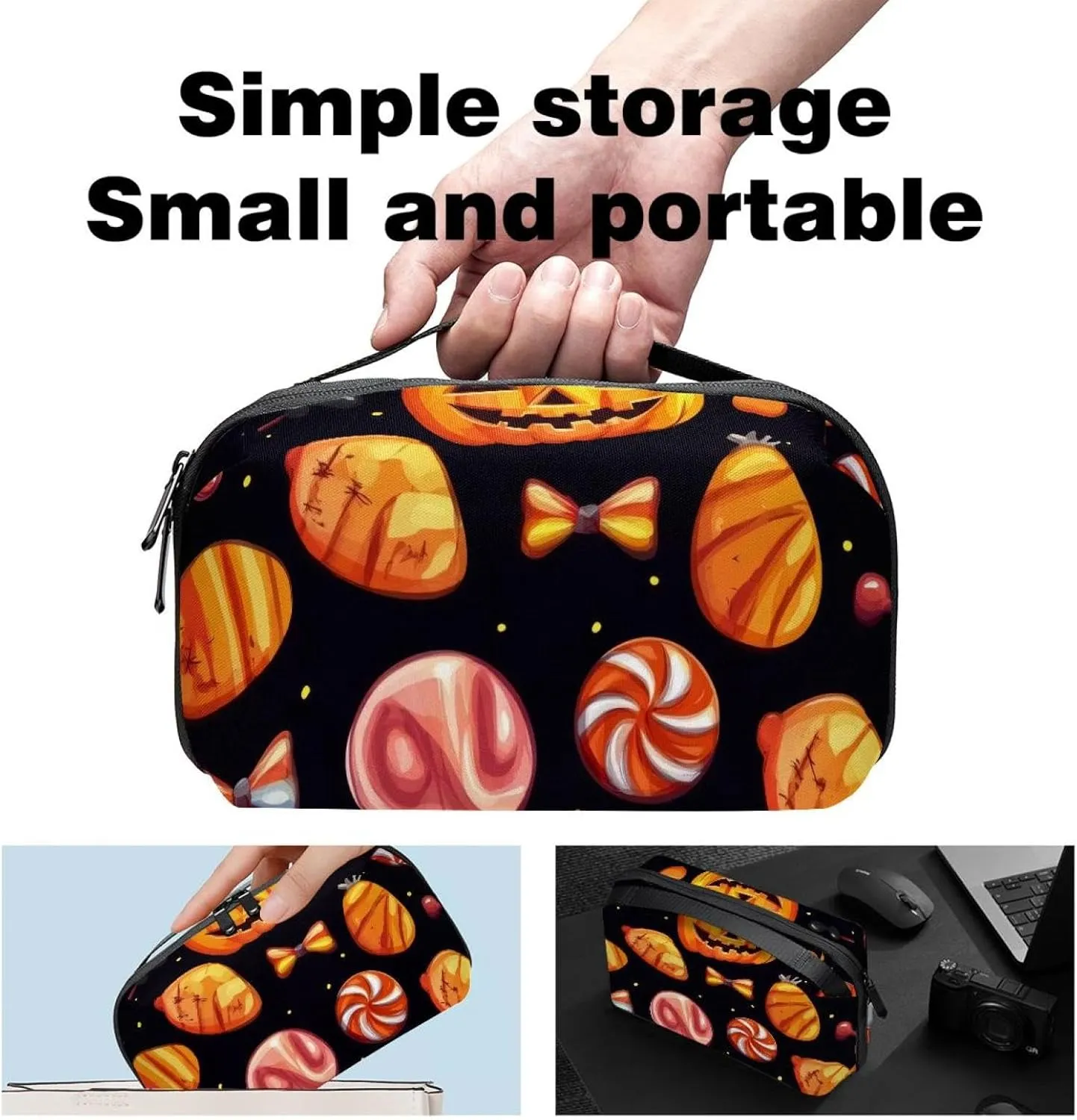 Halloween Pattern with Candy Elements Electronics Organizer, Cord Cable Storage Bag Waterproof for Home Travelling, Electronic Accessories Case for Charge Mouse USB SD Card Hard Drives