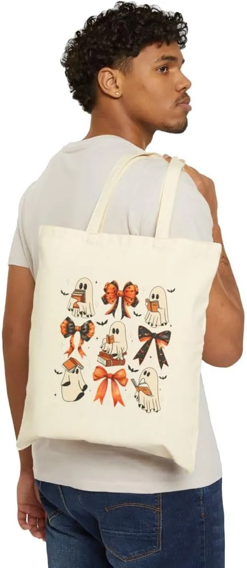 Halloween Spooky Ghost Coqueete Tote Bag, 100% Cotton Canvas for Shopping, Grocery Carry Bag, Library Book Bag