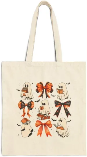 Halloween Spooky Ghost Coqueete Tote Bag, 100% Cotton Canvas for Shopping, Grocery Carry Bag, Library Book Bag