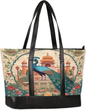 Hand Painted Wreath Peacock Laptop Tote Bag for Women Lightweight Work Purse with Multiple Compartments Fits 13-15.6 Inch Laptop Tablet Shoulder Bag for Office Travel Daily Use