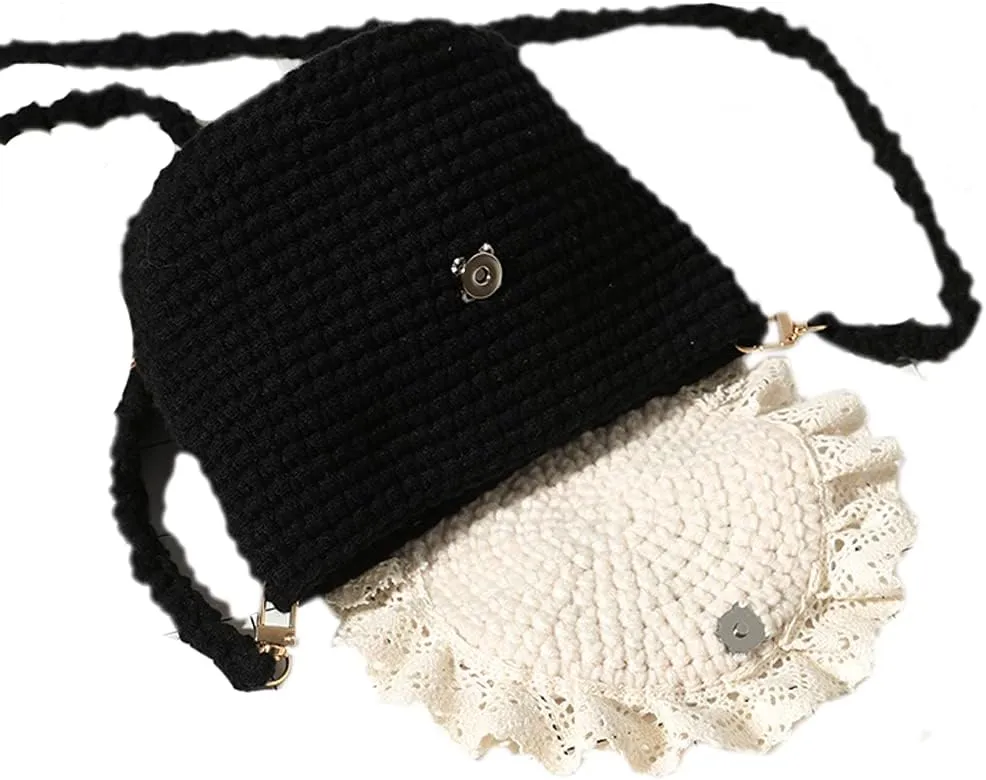 Handmade Knitted Cute Bow Handbag Shoulder Bag for Women Lace Crossbody Bag Wallet Bosom Friend Gifts (black 2)