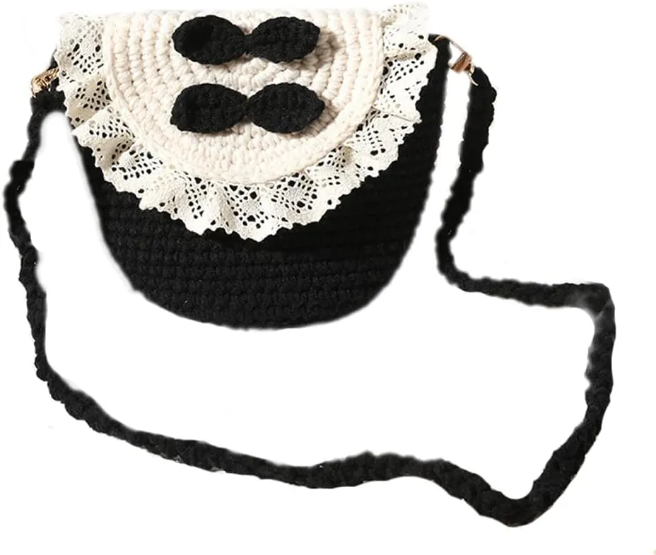 Handmade Knitted Cute Bow Handbag Shoulder Bag for Women Lace Crossbody Bag Wallet Bosom Friend Gifts (black 2)