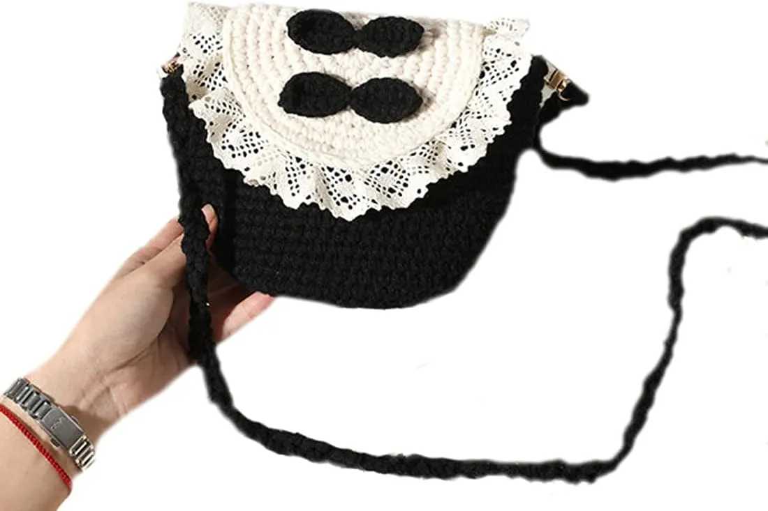 Handmade Knitted Cute Bow Handbag Shoulder Bag for Women Lace Crossbody Bag Wallet Bosom Friend Gifts (black 2)