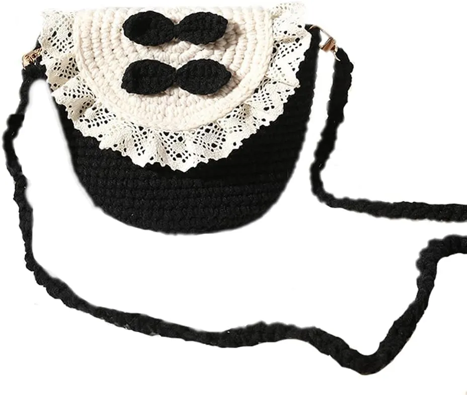 Handmade Knitted Cute Bow Handbag Shoulder Bag for Women Lace Crossbody Bag Wallet Bosom Friend Gifts (black 2)