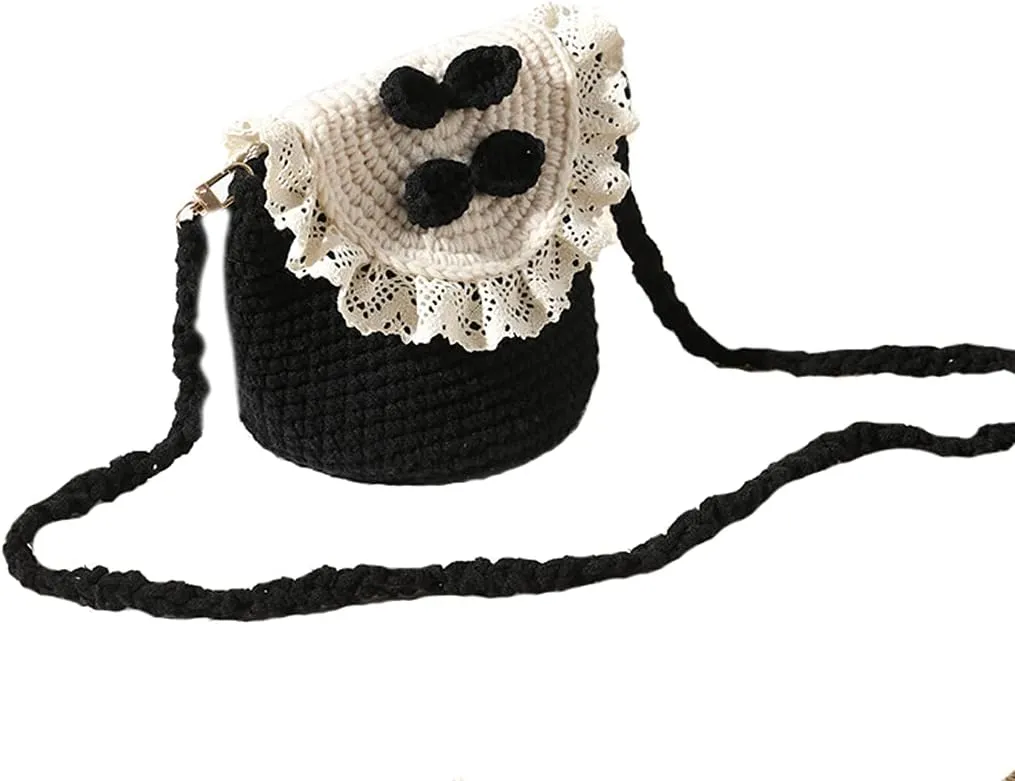 Handmade Knitted Cute Bow Handbag Shoulder Bag for Women Lace Crossbody Bag Wallet Bosom Friend Gifts (black 2)